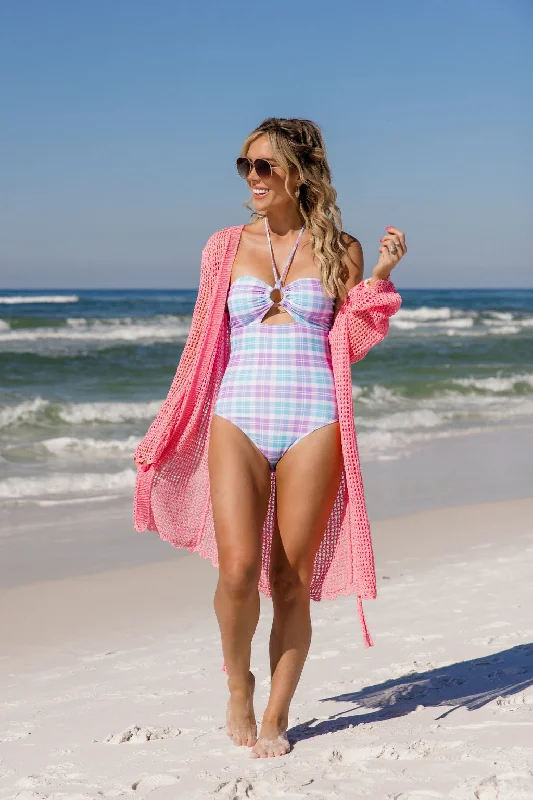 Budget-Friendly Fashion Nautical Charm Pink Open Knit Belted Cover Up Tori X Pink Lily SALE