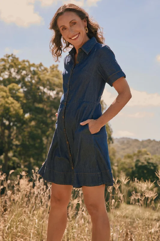 Minimalist Fashion Sale Gracie Chambray Short Dress in Dark Wash