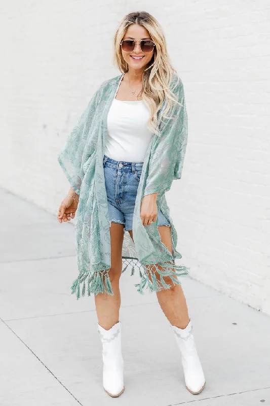 Limited Styles Unapologetically You Sage Velvet Floral Fringe Trim Kimono FINAL SALE