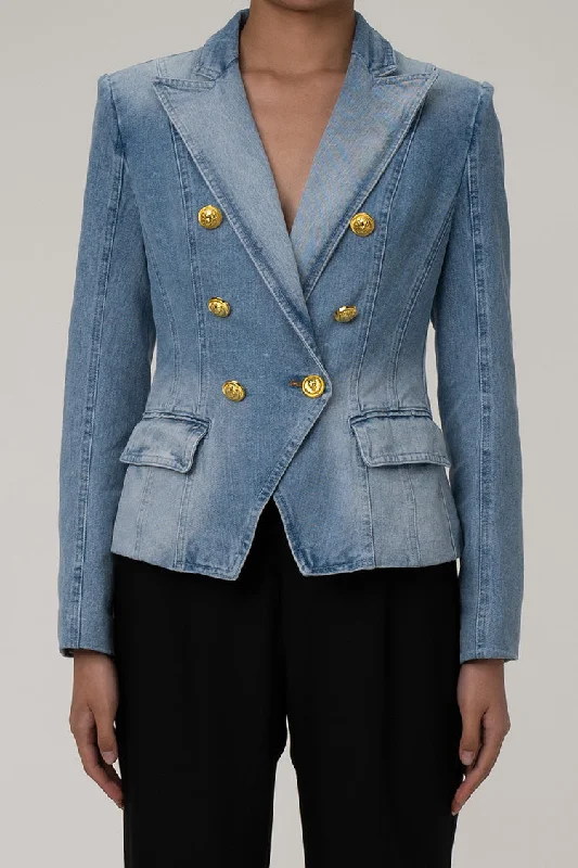 Limited Time Deal Structural Shoulder Pad Lapel Double Breasted Cinch Waist Faded Denim Blazer