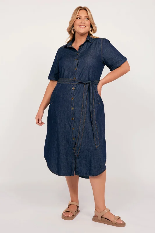 Must-Have Style Discounts Abbey Chambray Short Sleeve Dress in Dark Wash