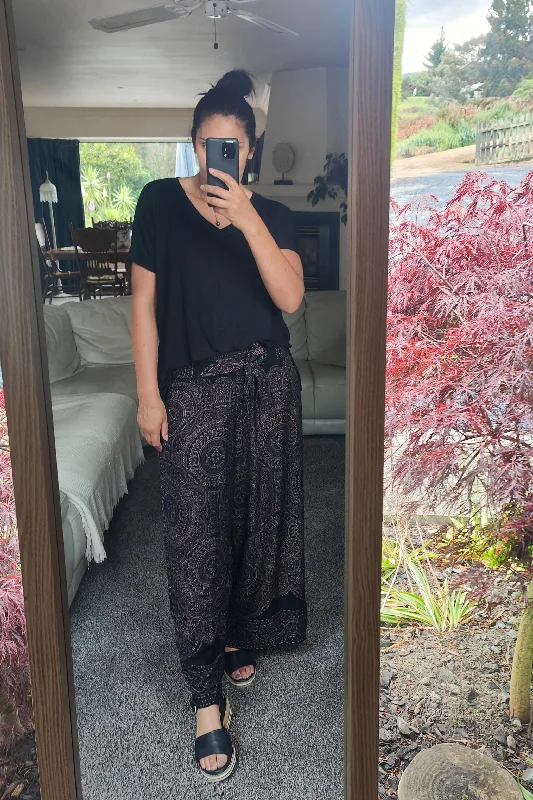 Fashionista Favorites Loose Tie Palazzo Pants - Black Mandala